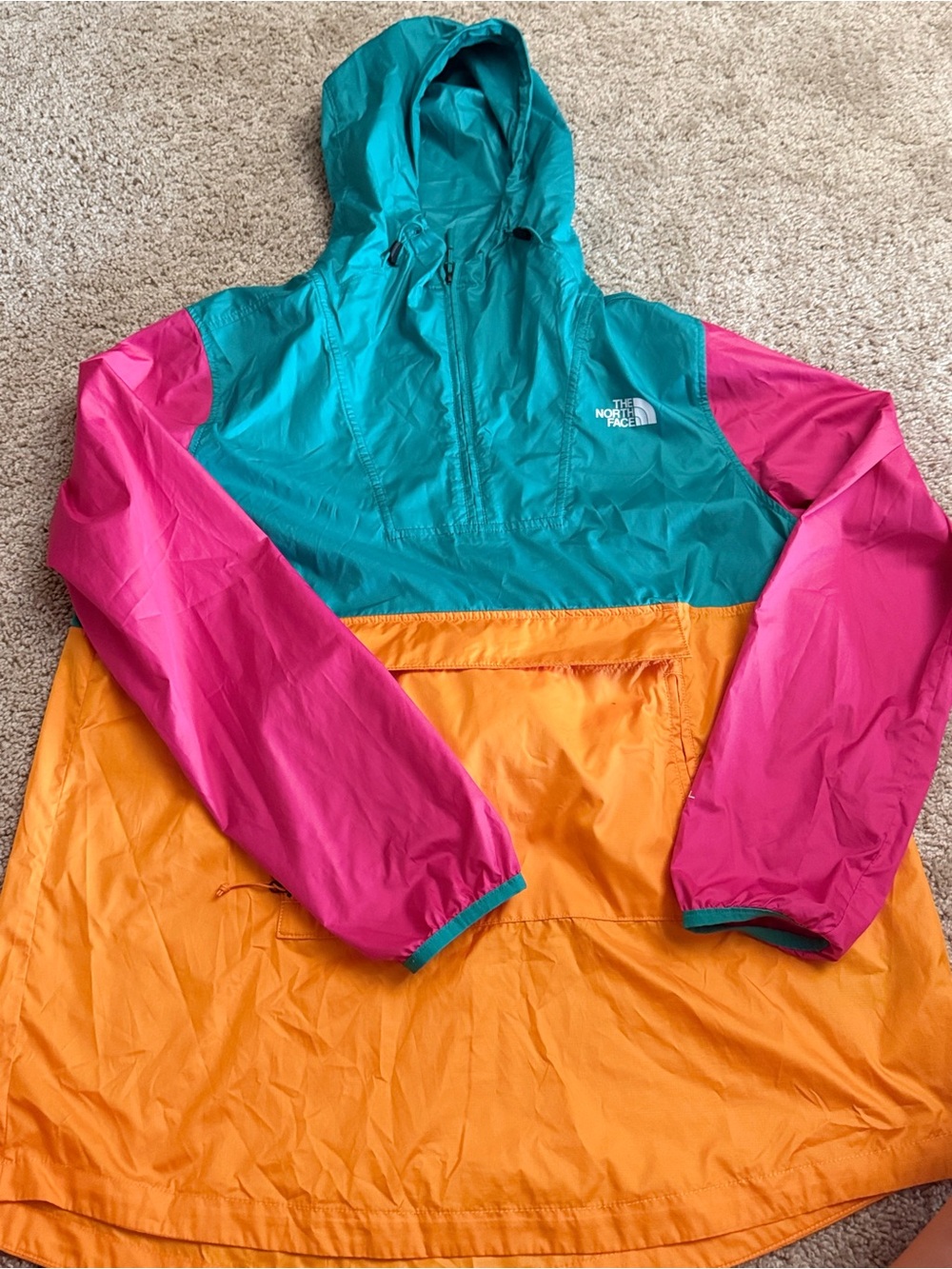 The North Face Kids Colorblock Hooded Rain Anorak - Teal, Pink & Orange